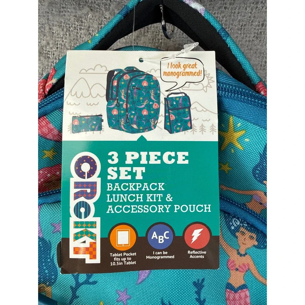 New Crckt Mermaid 3 Piece Backpack Lunch Kit Accessory Pouch Kids School Set NWT